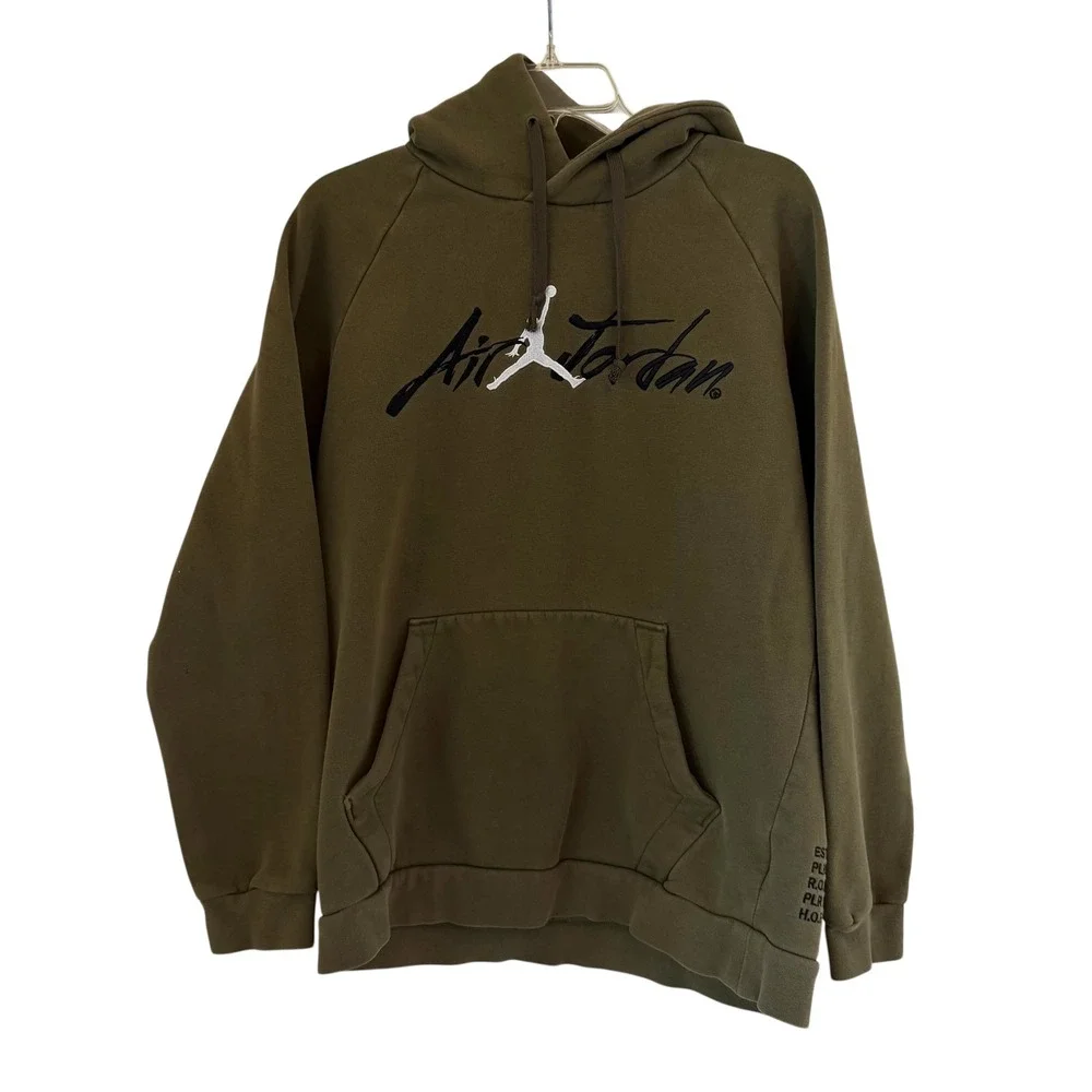 Jordan Jumpman‎ Air Hoodie Men Medium Olive Green Script Logo AV6005-395 READ